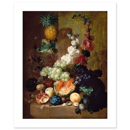 Fleurs et fruits sur une corniche de pierre (affiches d'art)