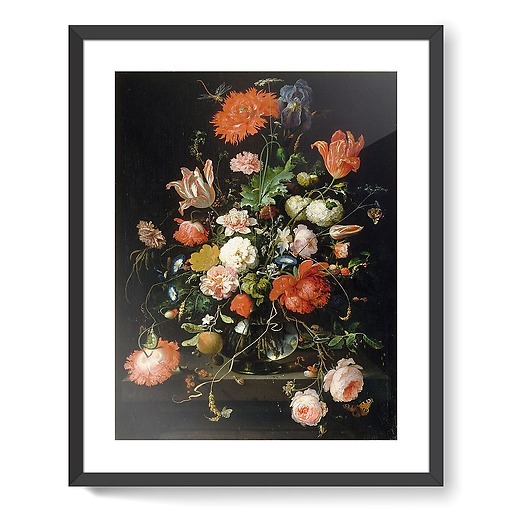 Still-life with flowers in a crystal carafe placed on a stone pedestal with a dragonfly (framed art prints)