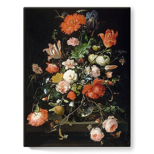 Still-life with flowers in a crystal carafe placed on a stone pedestal with a dragonfly (stretched canvas)