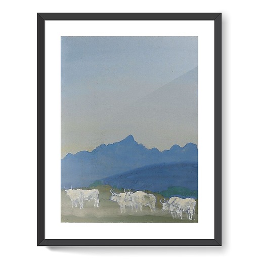 Trois couples de taureaux blancs sur fond de montagnes (affiches d'art encadrées)