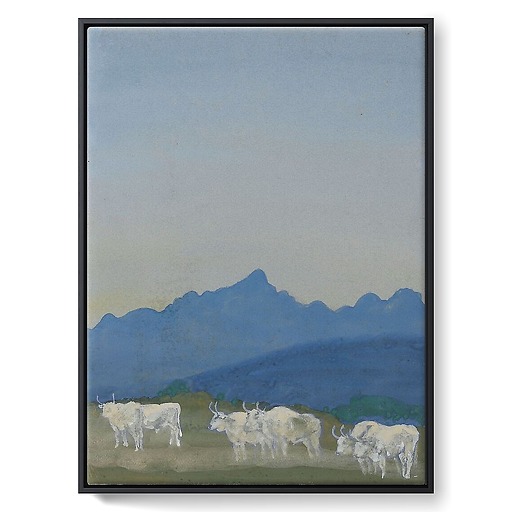 Three pairs of white bulls on a mountain landscape (framed canvas)