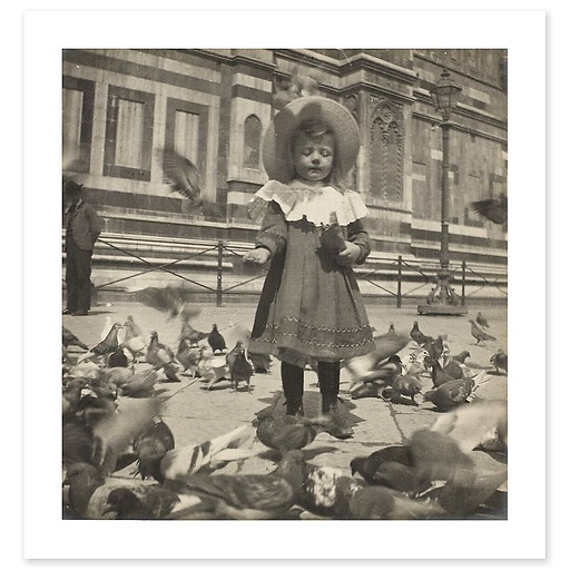 In front of the Dome, Bernadette gives grain to the pigeons (art prints)