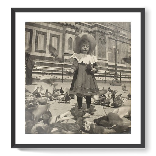 In front of the Dome, Bernadette gives grain to the pigeons (framed art prints)