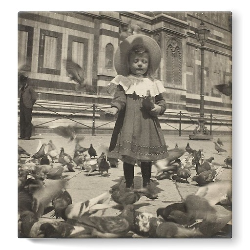 In front of the Dome, Bernadette gives grain to the pigeons (stretched canvas)