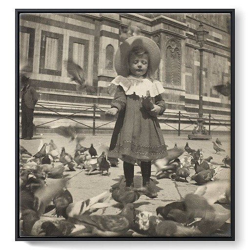 In front of the Dome, Bernadette gives grain to the pigeons (framed canvas)
