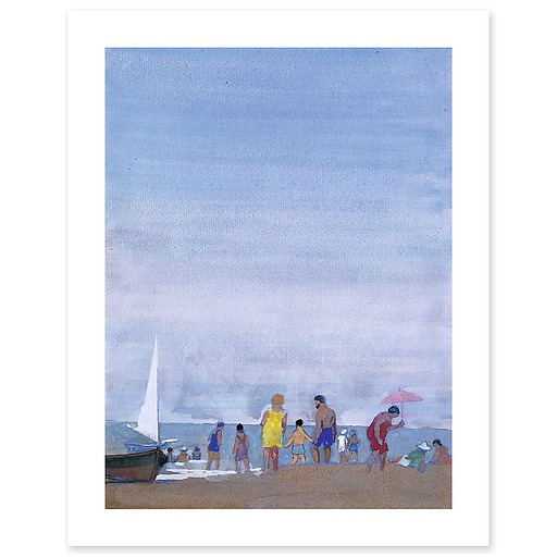 Beach scene with stranded fishing boat in the morning (art prints)