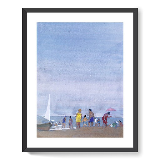 Beach scene with stranded fishing boat in the morning (framed art prints)