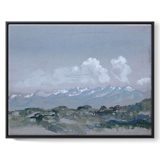 Snow-covered mountain landscape in the morning (framed canvas)