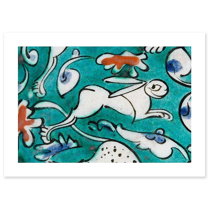 Dish decorated with lion, hares and fantastic animals on a green background I/II (art prints)