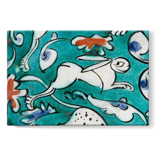 Dish decorated with lion, hares and fantastic animals on a green background I/II (stretched canvas)