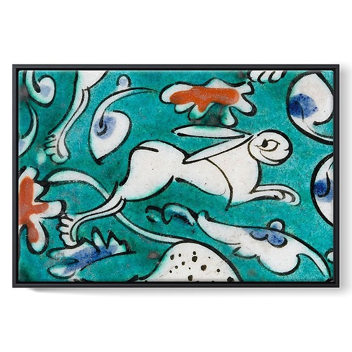 Dish decorated with lion, hares and fantastic animals on a green background I/II (framed canvas)