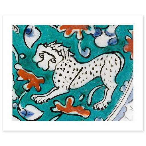 Dish decorated with lion, hares and fantastic animals on a green background II/II (art prints)