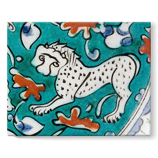 Dish decorated with lion, hares and fantastic animals on a green background II/II (stretched canvas)