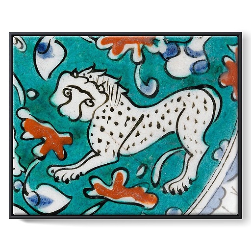 Dish decorated with lion, hares and fantastic animals on a green background II/II (framed canvas)