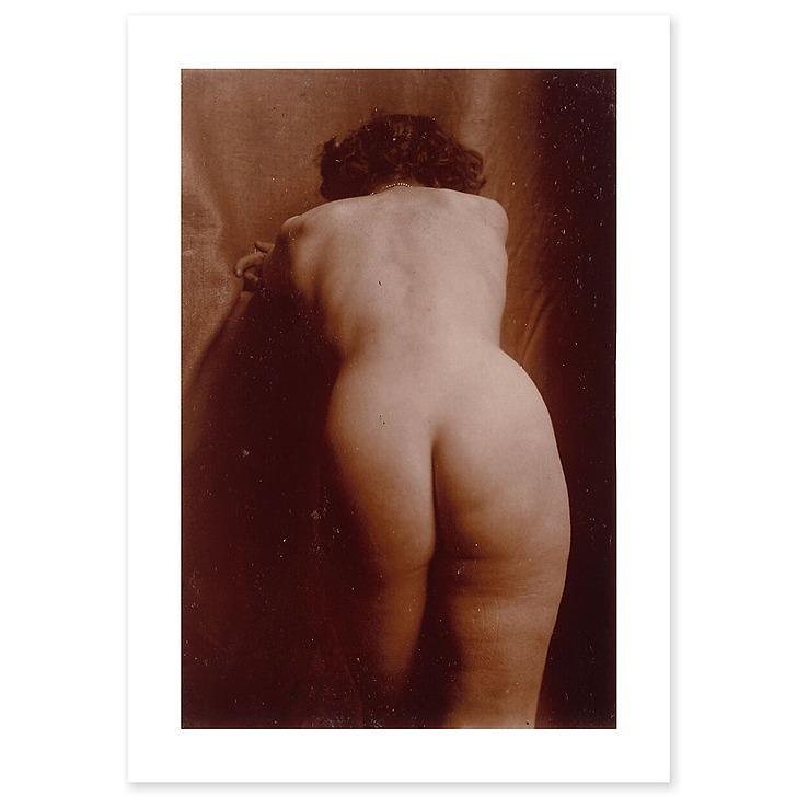 Naked woman standing up from behind, leaning, knee-high view (canvas without frame)