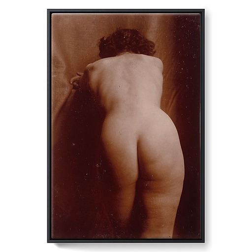 Naked woman standing up from behind, leaning, knee-high view (framed canvas)