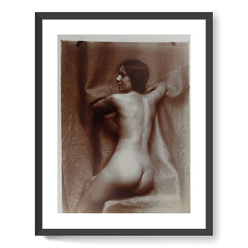 Naked woman sitting three-quarters back, on a chair, face in profile left (framed art prints)