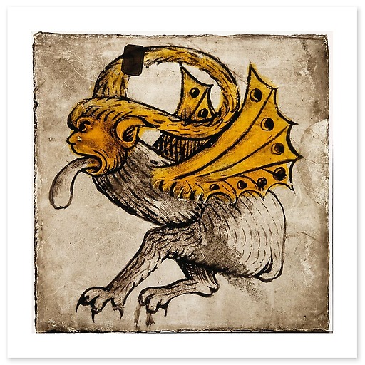 Animal fantastique tirant la langue, à pattes de quadrupède, tête et ailes de dragon (affiches d'art)