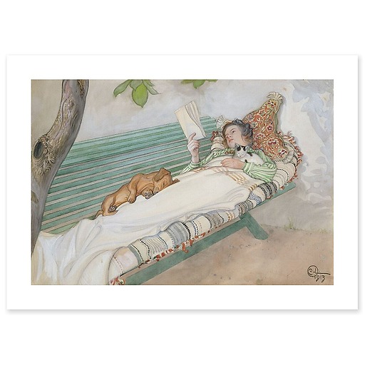 Young woman lying on a bench (art prints)