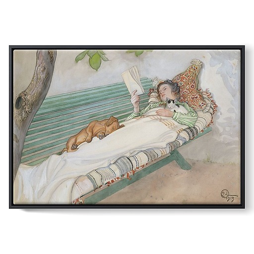 Young woman lying on a bench (framed canvas)