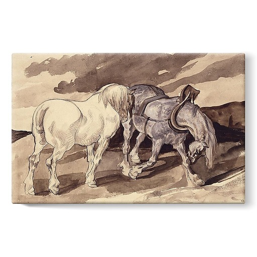 Deux chevaux de charrette dételés (toiles sur châssis)