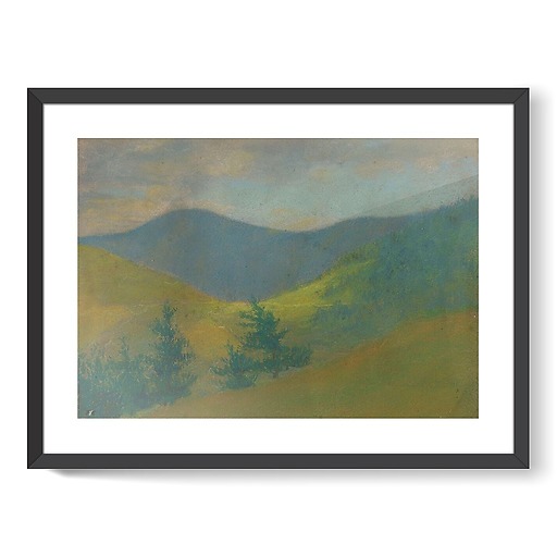 Mountain landscape with fir trees in the foreground (framed art prints)