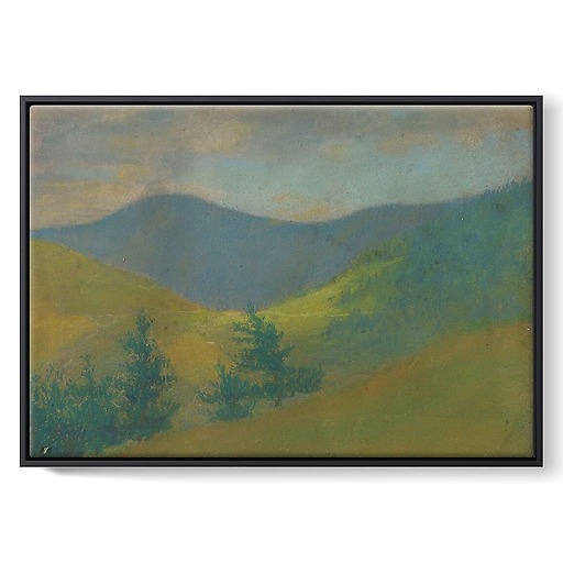 Mountain landscape with fir trees in the foreground (framed canvas)