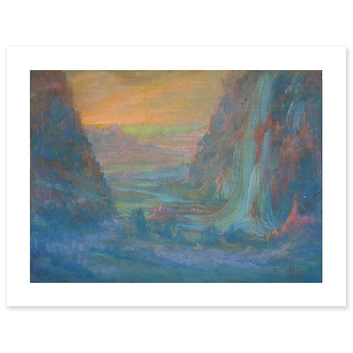 Paysage de montagne avec cascade au soleil couchant (affiches d'art)