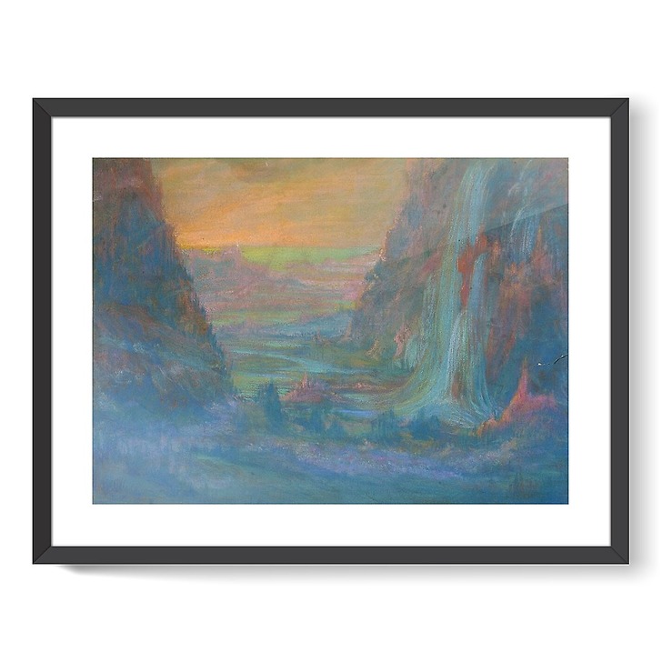 Mountain landscape with waterfall at sunset (framed art prints)