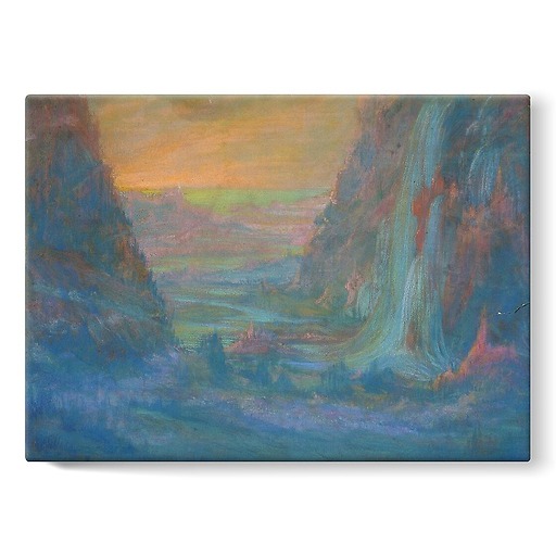 Mountain landscape with waterfall at sunset (stretched canvas)