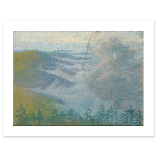 Paysage de montagne avec sapins au premier plan et brume (affiches d'art)