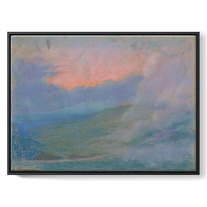 Mountain landscape at sunset with cloud effects (framed canvas)