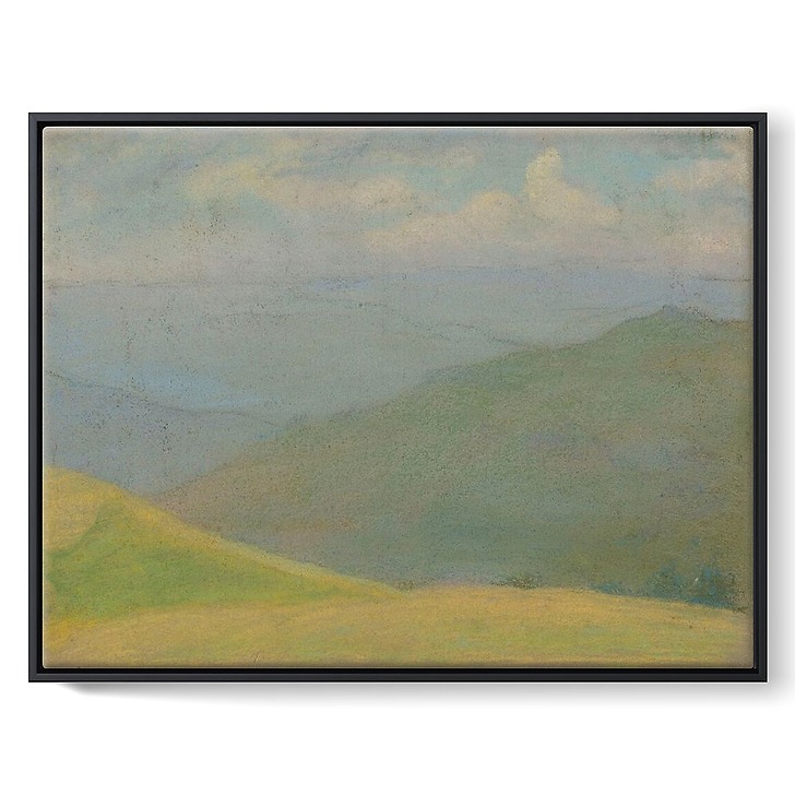 Mountain landscape with yellow meadow in the foreground (framed canvas)