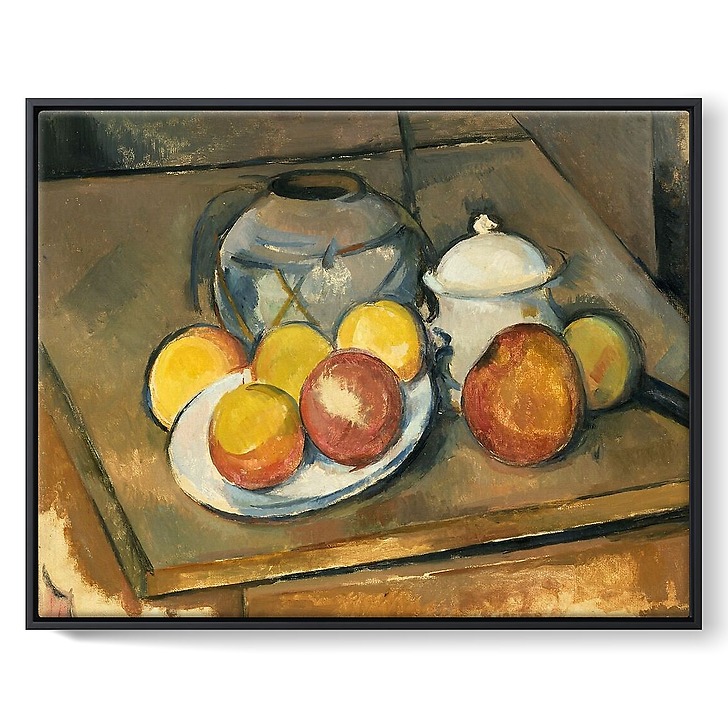 Vase paillé, sucrier et pommes (toiles encadrées)