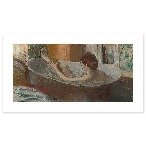 A woman in a bathtub wiping her leg (art prints)