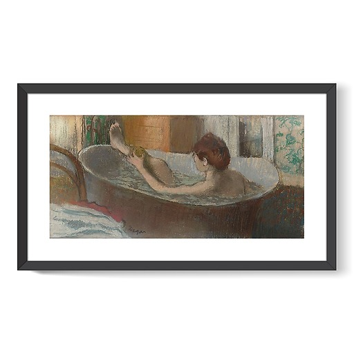 A woman in a bathtub wiping her leg (framed art prints)