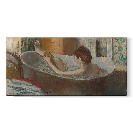 A woman in a bathtub wiping her leg (stretched canvas)