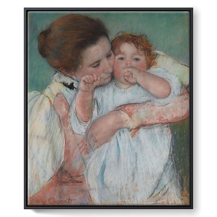 Mother and child on green background or Maternity (framed canvas)