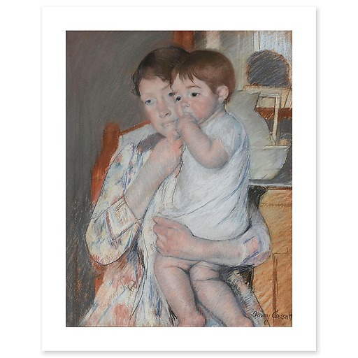 Mère et enfant : la femme tient sur ses genoux son enfant qui suce son pouce (affiches d'art)