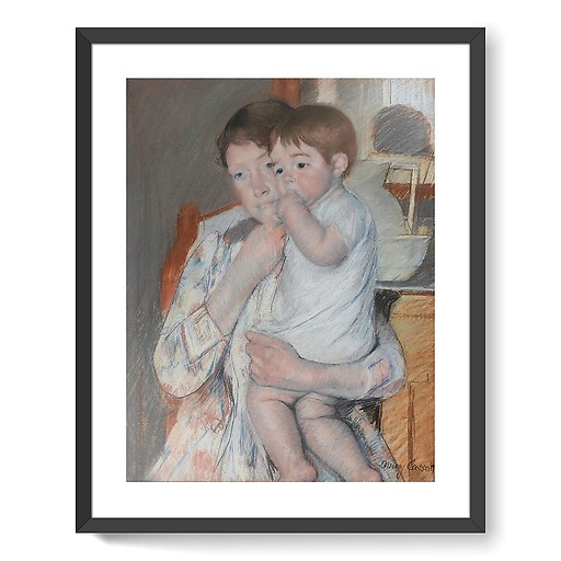 Mother and child: the woman holds her child on her lap who sucks his thumb (framed art prints)
