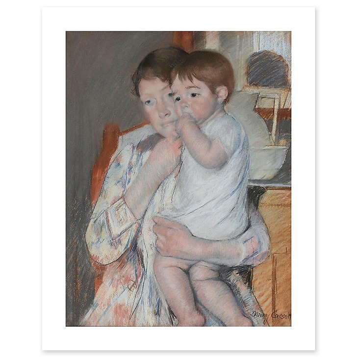 Mother and child: the woman holds her child on her lap who sucks his thumb (canvas without frame)