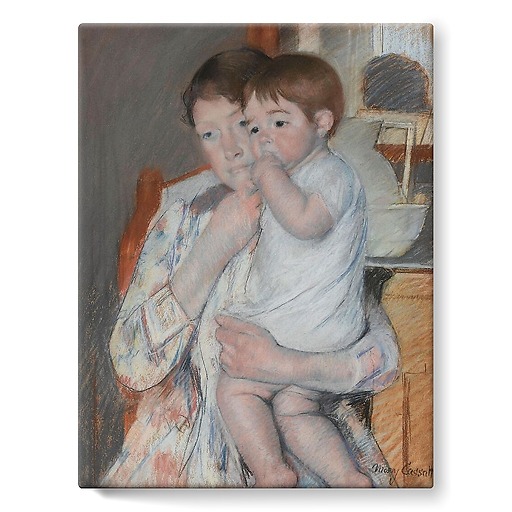 Mère et enfant : la femme tient sur ses genoux son enfant qui suce son pouce (toiles sur châssis)