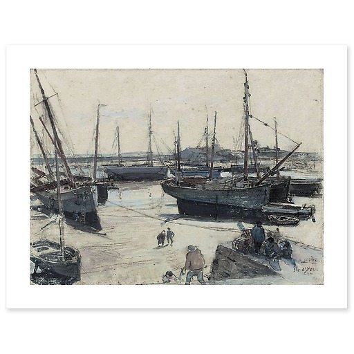 Fishing vessels stranded on the shore, with several sailors on a jetty (art prints)