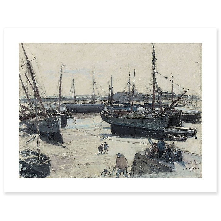 Navires de pêche échoués sur la grève, avec plusieurs marins sur une jetée (affiches d'art)