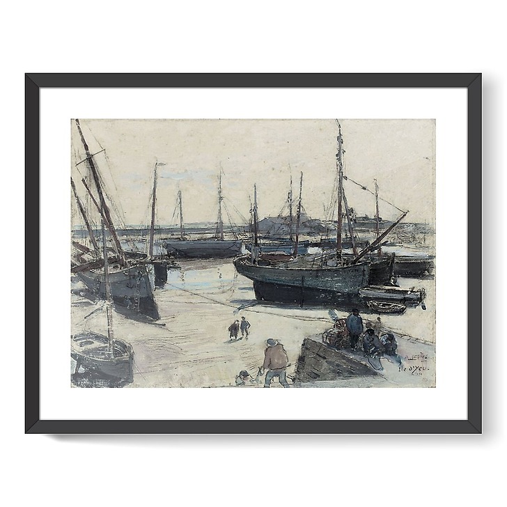 Navires de pêche échoués sur la grève, avec plusieurs marins sur une jetée (affiches d'art encadrées)