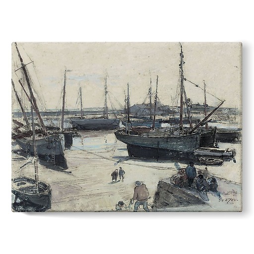 Fishing vessels stranded on the shore, with several sailors on a jetty (stretched canvas)