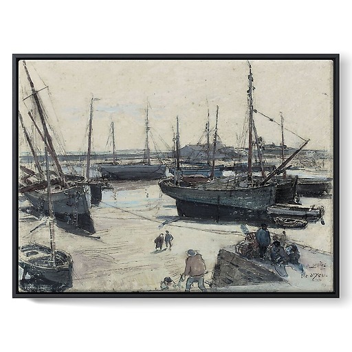Fishing vessels stranded on the shore, with several sailors on a jetty (framed canvas)