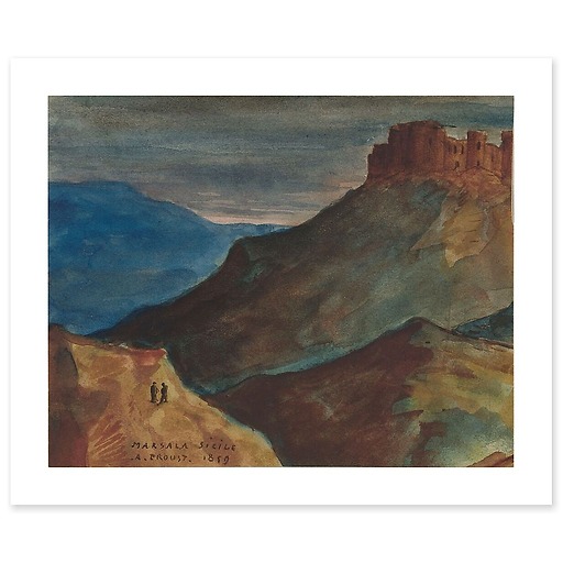 Castle on an eminence, and in the foreground, two characters on a hill (art prints)