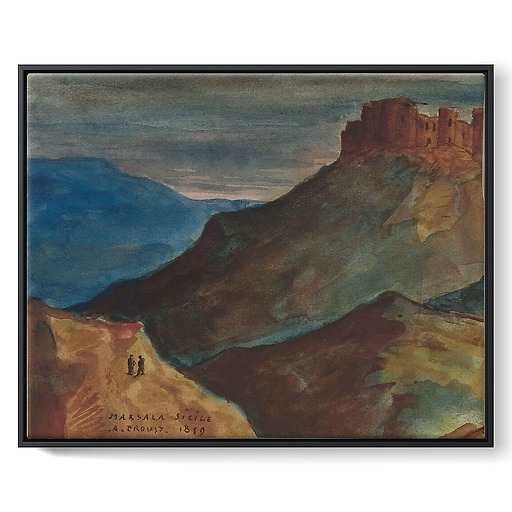 Castle on an eminence, and in the foreground, two characters on a hill (framed canvas)