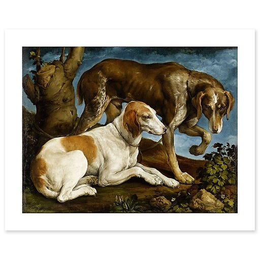 Two hunting dogs attached to a stump (art prints)